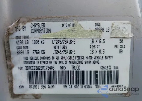 1995 Dodge Ram 2500 из США, поврежденный, VIN 3B7KC23W2SM173403